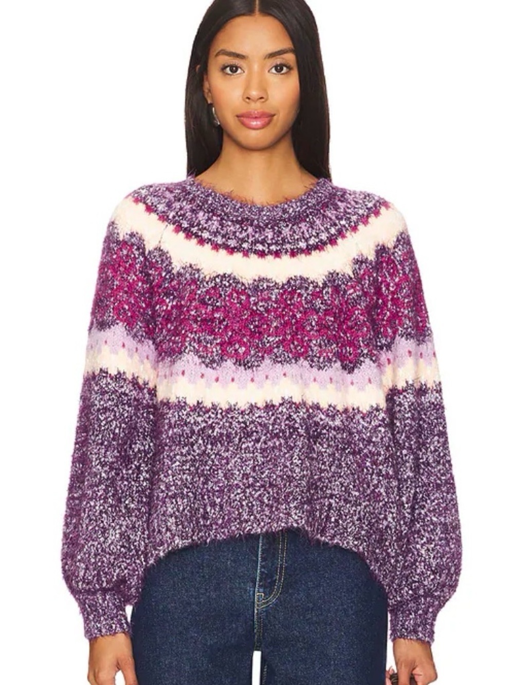 Free People festive frost cozy purple fair isle knit sweater Sz XS